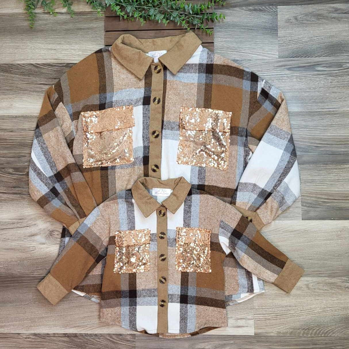 Mom & Me Brown Plaid Shacket with Sequin Pockets-Kids A Touch of Magnolia Boutique