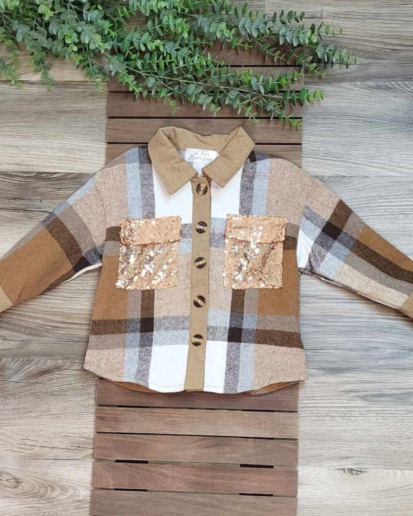 Mom & Me Brown Plaid Shacket with Sequin Pockets-Kids A Touch of Magnolia Boutique