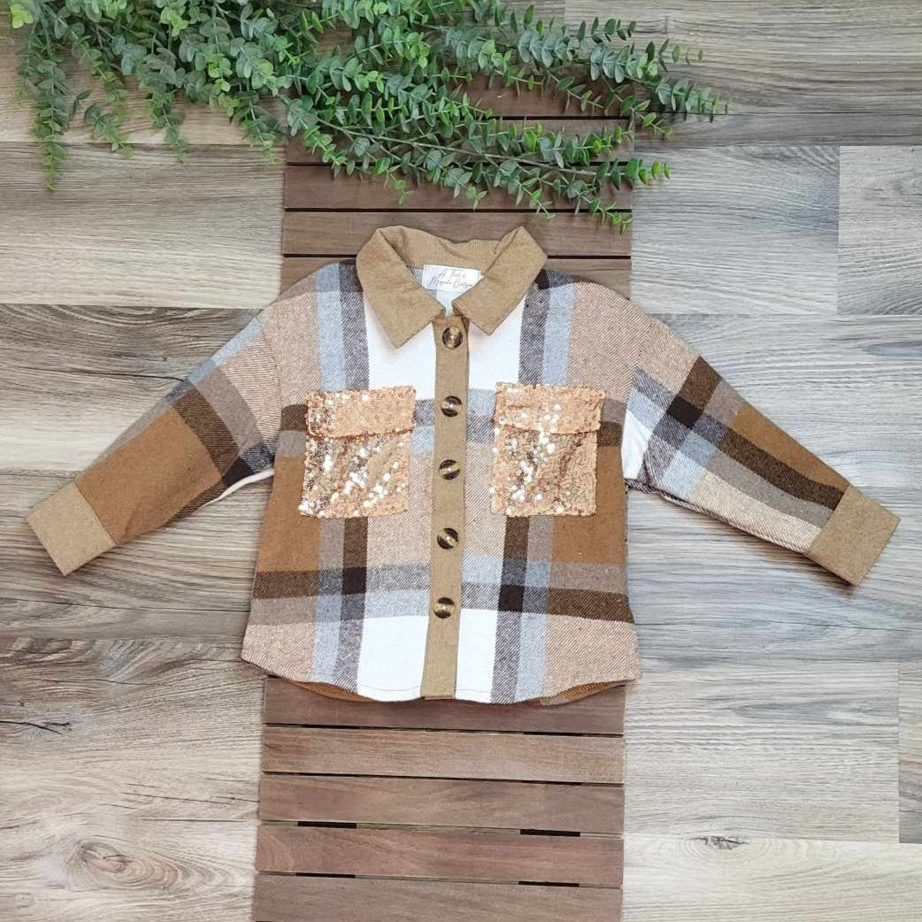 Mom & Me Brown Plaid Shacket with Sequin Pockets-Kids A Touch of Magnolia Boutique