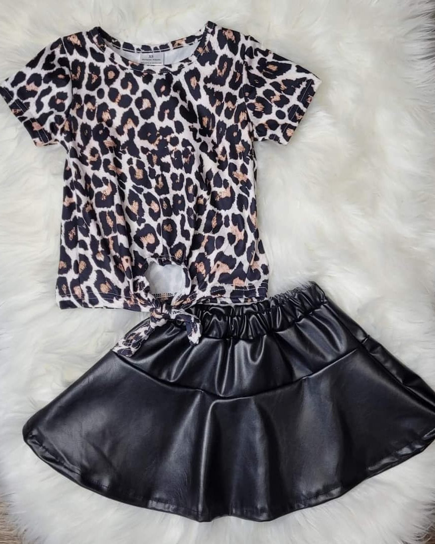 Leopard Front Tie Top with Black Pleather Skirt Set A Touch of Magnolia Boutique