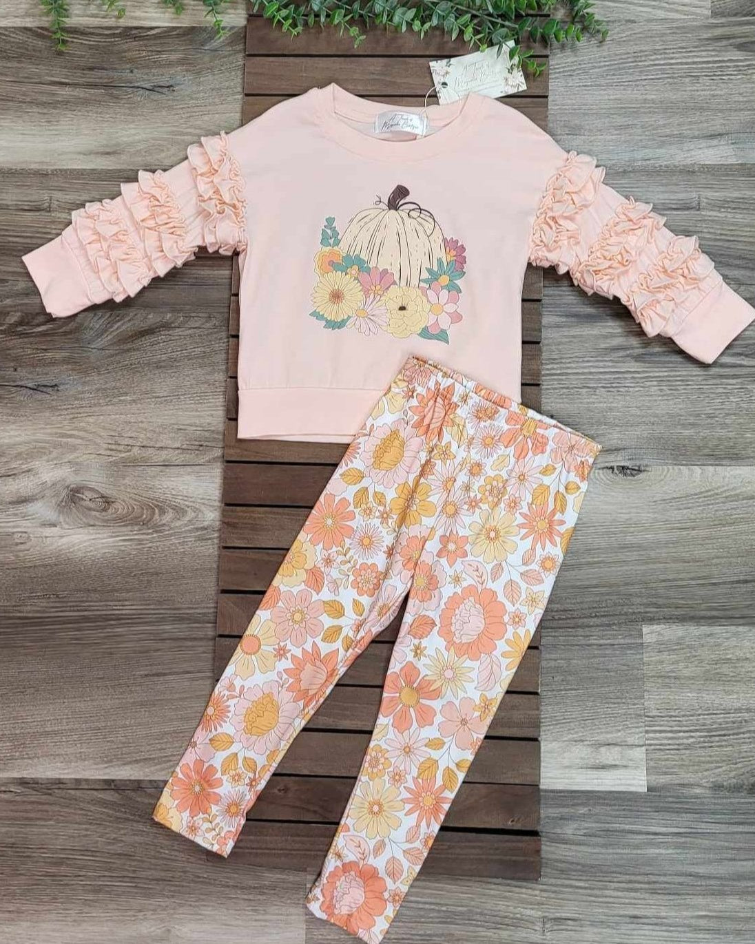 Pumpkin Ruffle Sleeve Top and Floral Legging Set A Touch of Magnolia Boutique
