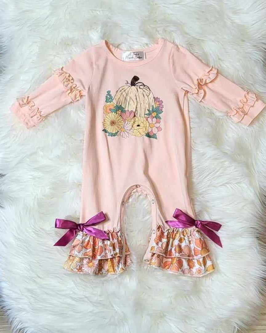 Baby Girl Pumpkin Floral Ruffle Sleeve Romper A Touch of Magnolia Boutique