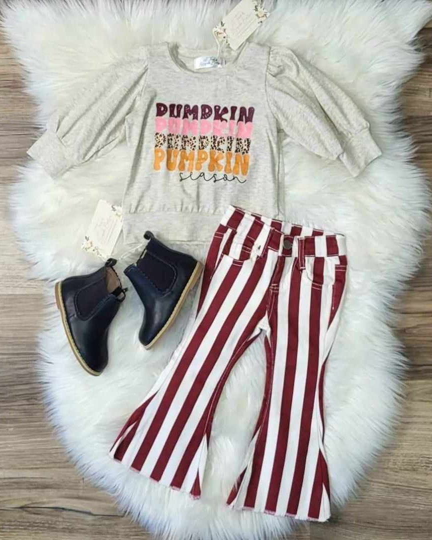 Pumpkin Season Top and Striped Denim Flare Jeans Set A Touch of Magnolia Boutique