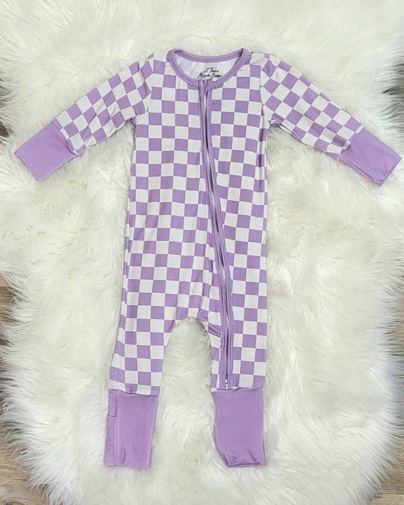 Bamboo Baby Zippie Sleeper/Romper- Light Purple Checkered Print A Touch of Magnolia Boutique