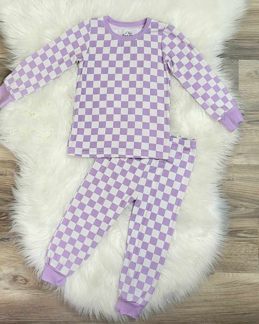 Bamboo Two-Piece Pajama Set-Light Purple Checkered Print A Touch of Magnolia Boutique