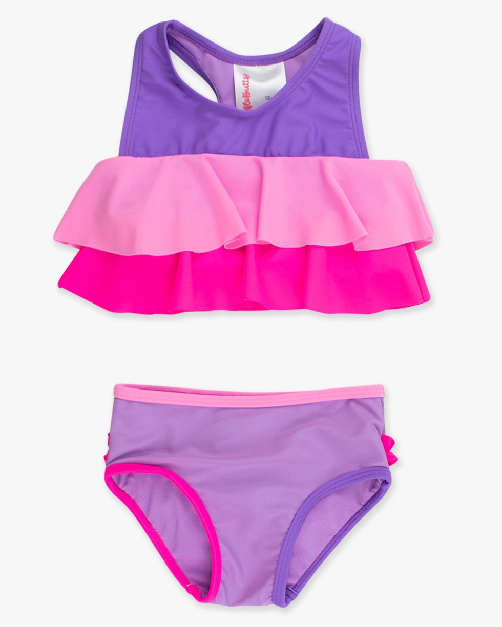 Girls Neon Purple Color Block Flounce Bikini 2-Piece Swimsuit with Signature Rear Ruffles A Touch of Magnolia Boutique