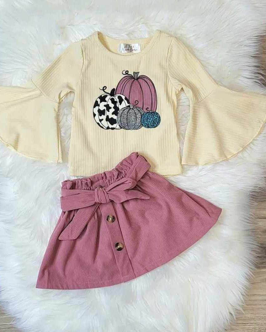 Ribbed Bell Sleeve Pumpkin Top and Mauve Corduroy Skirt Set A Touch of Magnolia Boutique