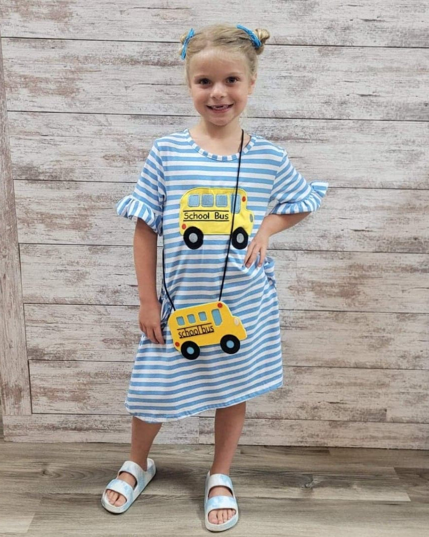 Blue Striped School Bus Dress and purse set (sizes 4t, 7 and 8 available)  A Touch of Magnolia Boutique   