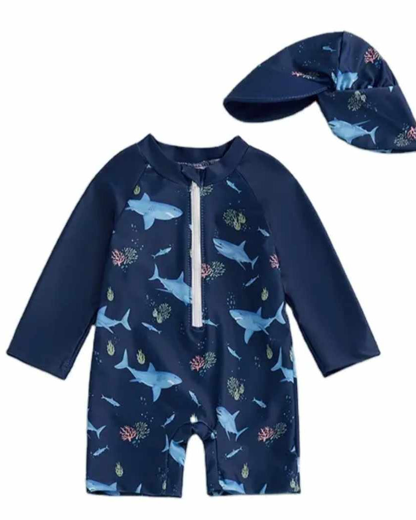 Rash Guard Zipper Shark Print Swimsuit & Hat- Baby Boy and Toddler A Touch of Magnolia Boutique