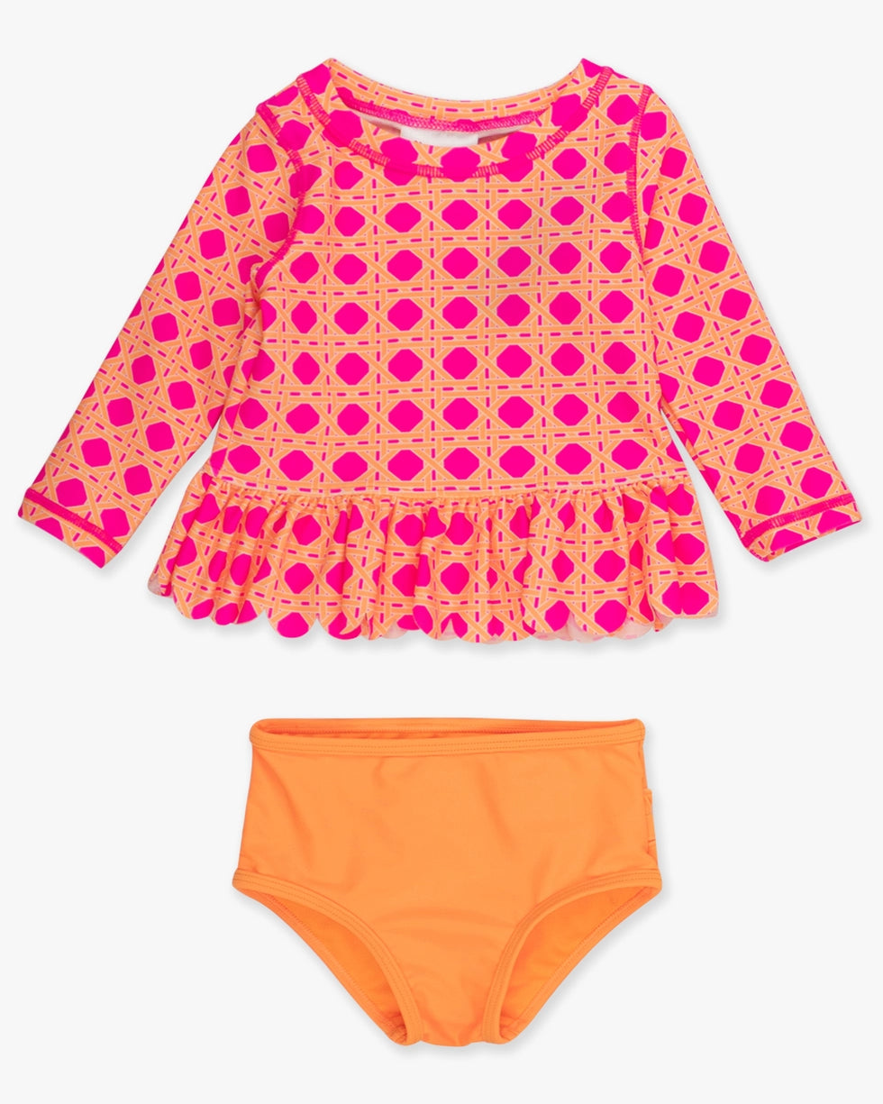 Girls Neon Sherbet Cane Scallop Hem Long Sleeve Rash Guard 2-Piece Swimsuit with Signature Rear Ruffles A Touch of Magnolia Boutique