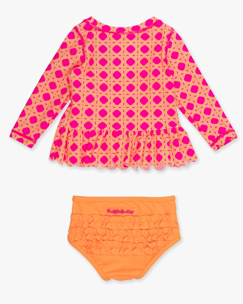 Girls Neon Sherbet Cane Scallop Hem Long Sleeve Rash Guard 2-Piece Swimsuit with Signature Rear Ruffles A Touch of Magnolia Boutique