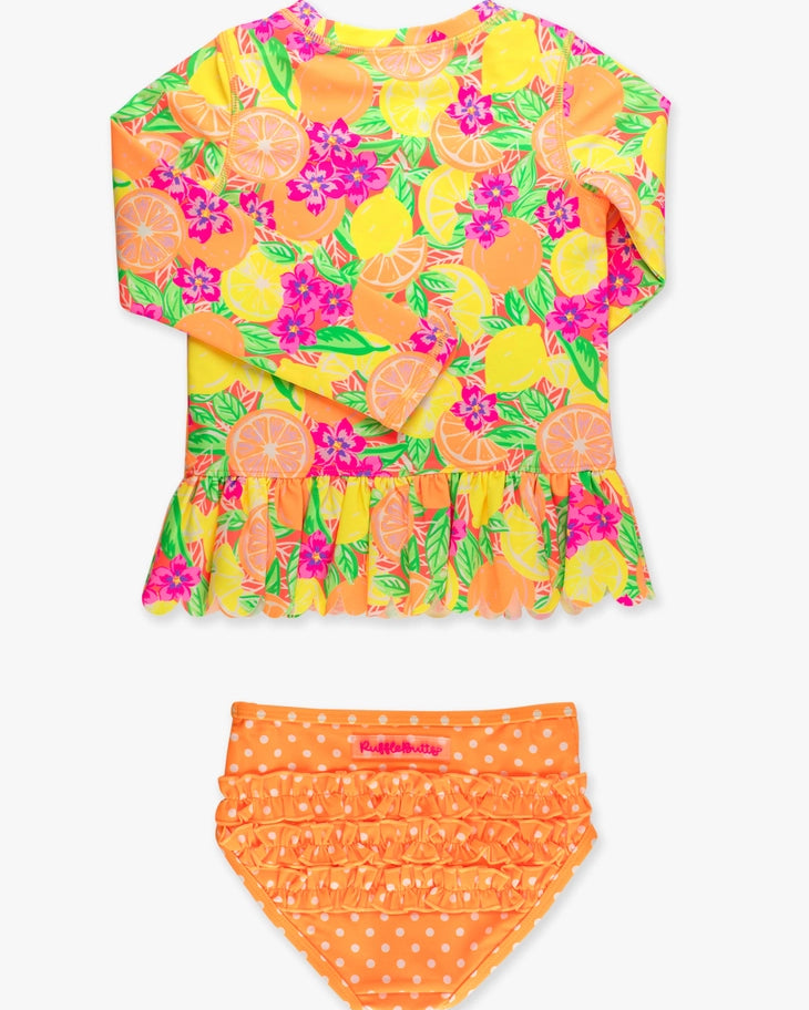 Neon Squeeze the Day Long Sleeve Rash Guard 2-Piece Swimsuit with Signature Rear Ruffles A Touch of Magnolia Boutique
