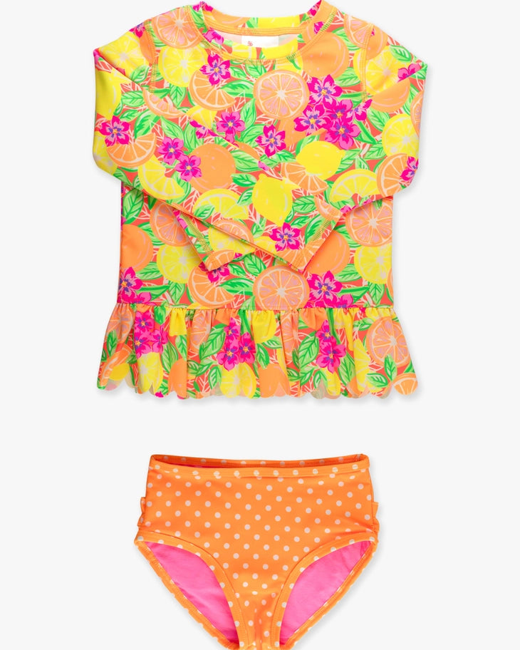 Neon Squeeze the Day Long Sleeve Rash Guard 2-Piece Swimsuit with Signature Rear Ruffles A Touch of Magnolia Boutique