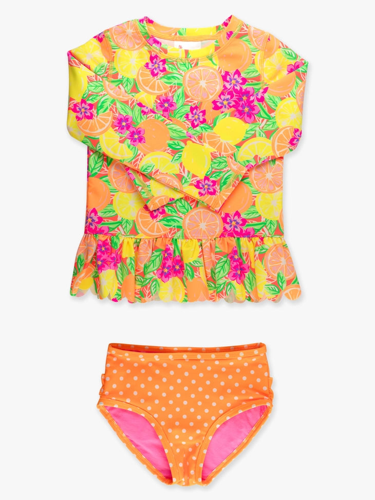 Neon Squeeze the Day Long Sleeve Rash Guard 2-Piece Swimsuit with Signature Rear Ruffles A Touch of Magnolia Boutique