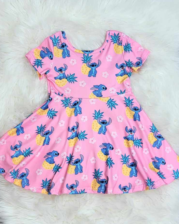 Blue Alien Pineapple Print Pink Twirl Dress A Touch of Magnolia Boutique