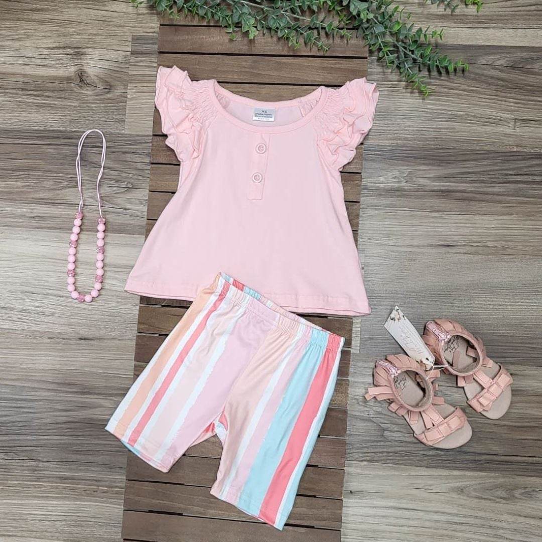 Striped Biker Shorts and Pink Flutter Sleeve Top Outfit A Touch of Magnolia Boutique