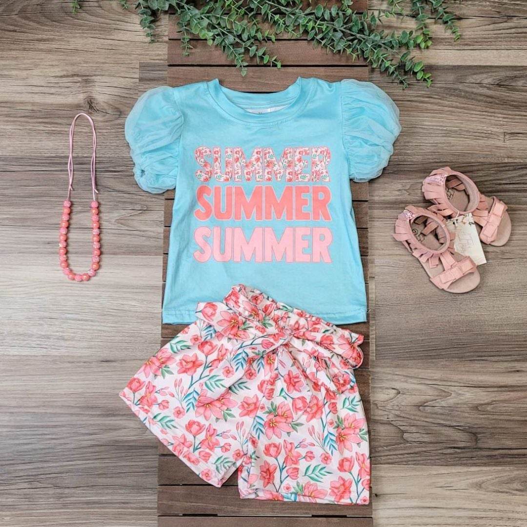 Floral Shorts and Summer Tulle Puff Sleeve Top Outfit A Touch of Magnolia Boutique