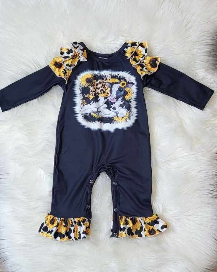 Baby Girl Sunflower Cow Romper  A Touch of Magnolia Boutique   