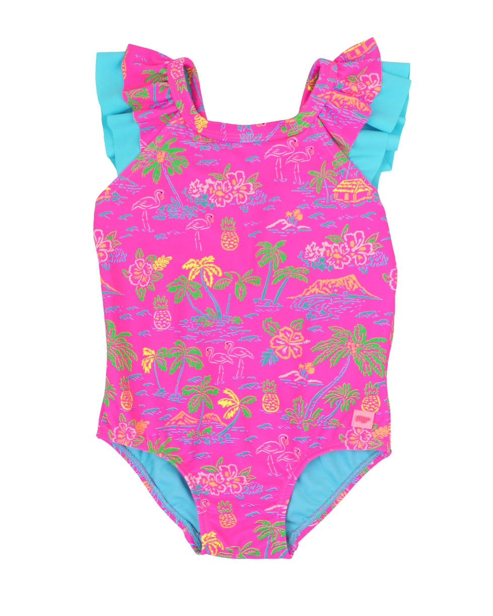 Girls Neon Island Time Bow V-Back One Piece Swimsuit A Touch of Magnolia Boutique