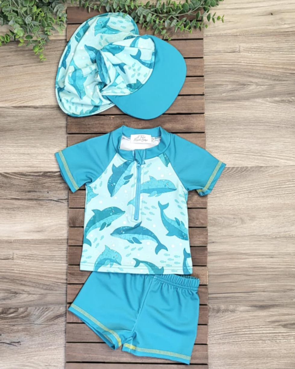 Teal Dolphin Swimsuit- Baby & Toddler 3 Piece Set A Touch of Magnolia Boutique