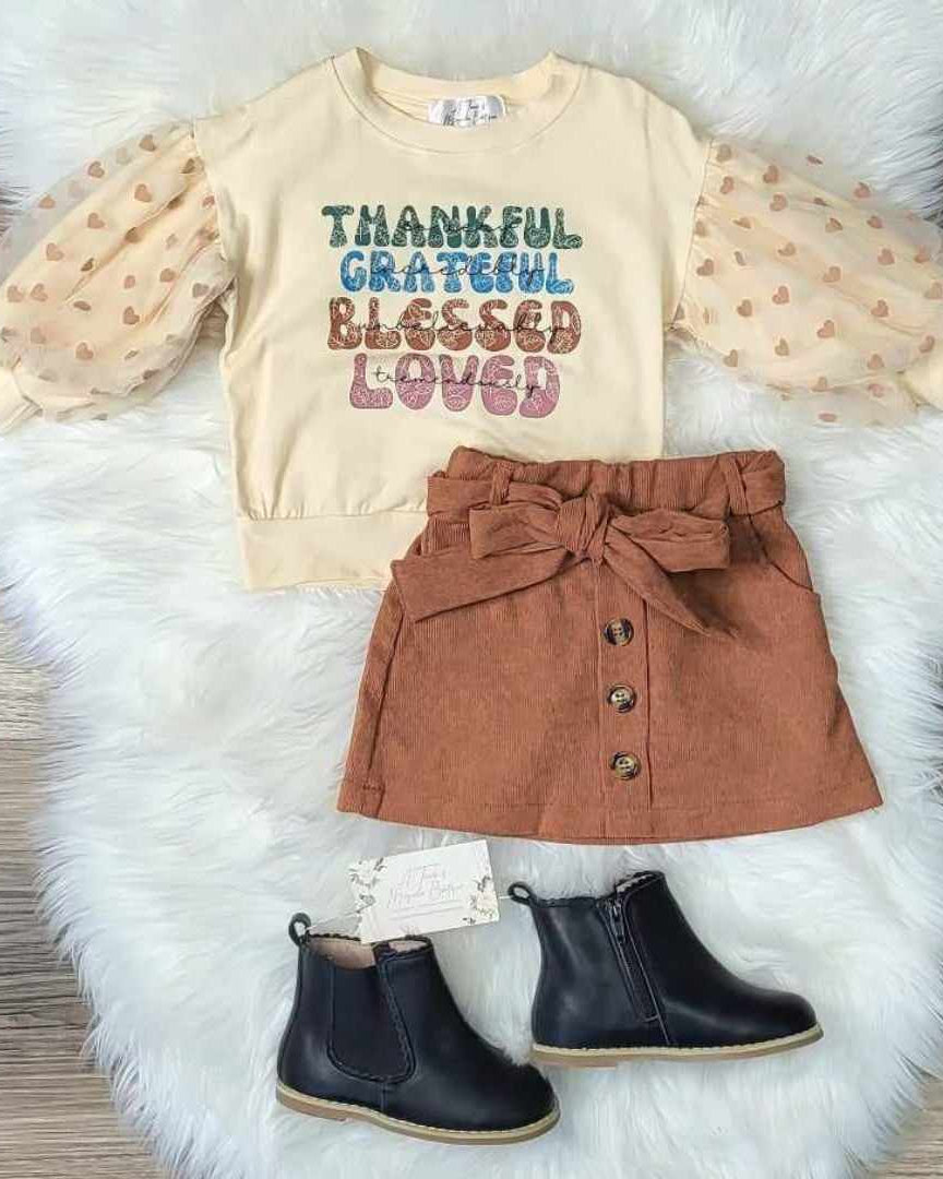 Thankful Grateful Blessed Loved Top and Corduroy Skirt Set A Touch of Magnolia Boutique