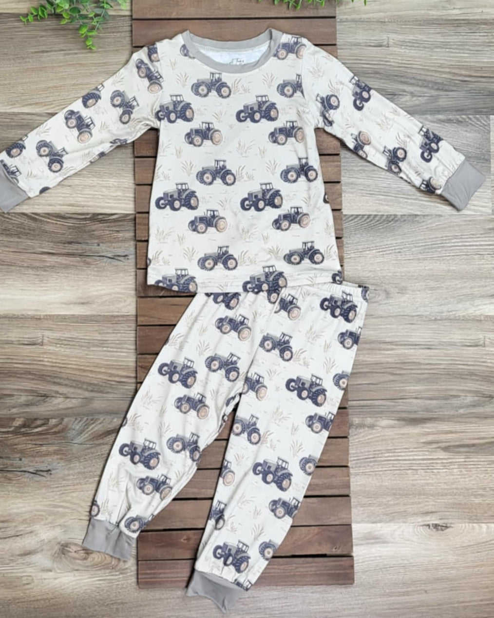 Bamboo Tractor Print Two-Piece Pajama Set A Touch of Magnolia Boutique