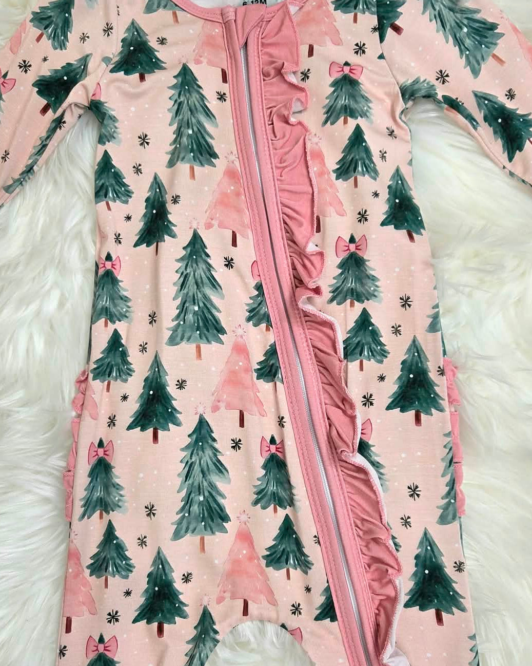 Bamboo Pink Christmas Tree Ruffle Baby Zipper Romper & Sleeper A Touch of Magnolia Boutique