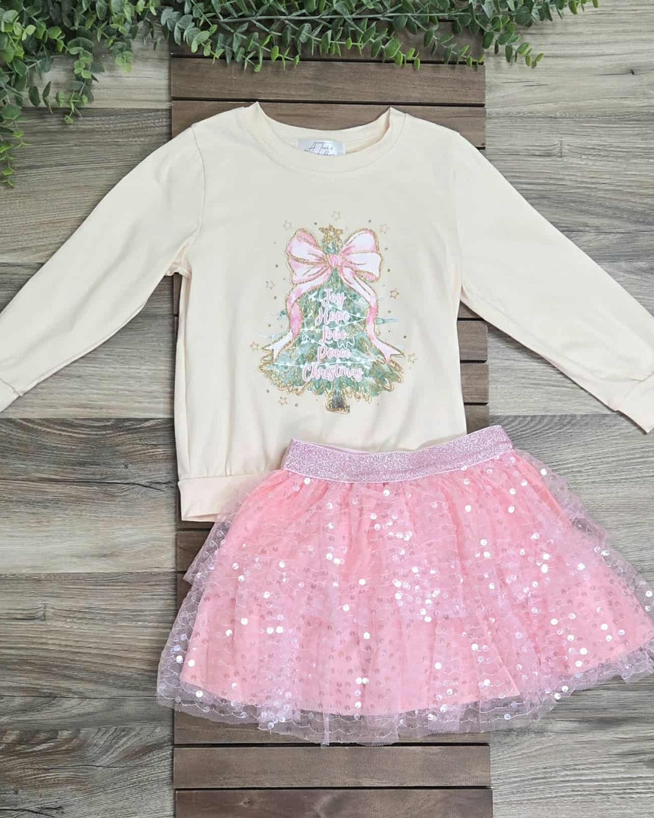 Christmas Tree Top and Pink Sequin Tiered Tulle Skirt Outfit Set A Touch of Magnolia Boutique