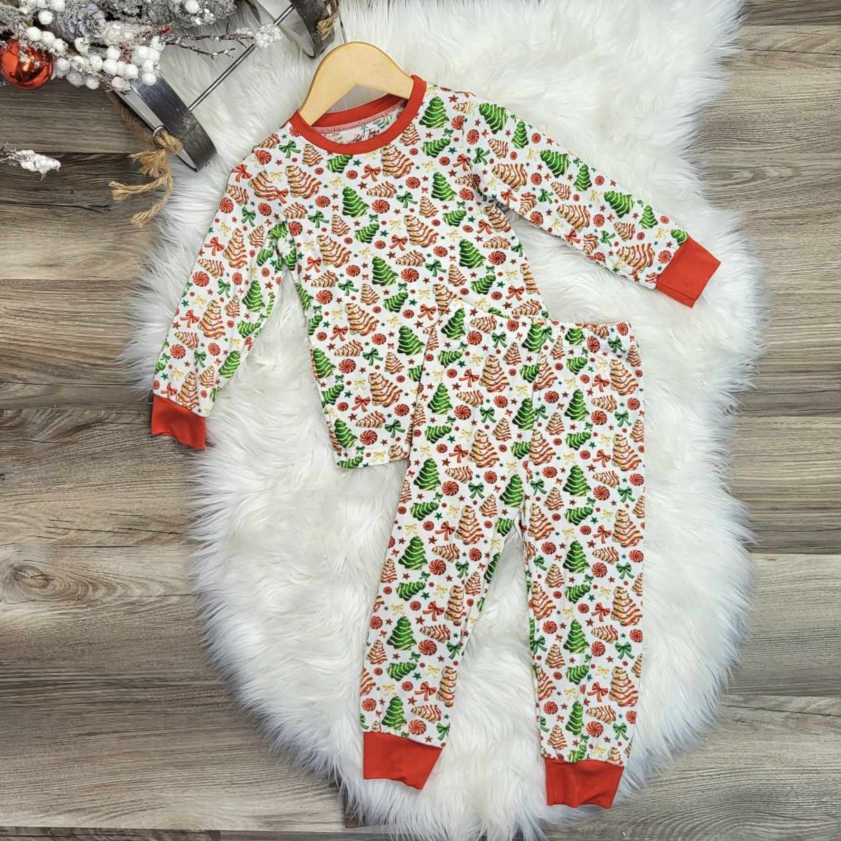 Bamboo Two-Piece Pajama Set-Christmas Tree Cake Print A Touch of Magnolia Boutique