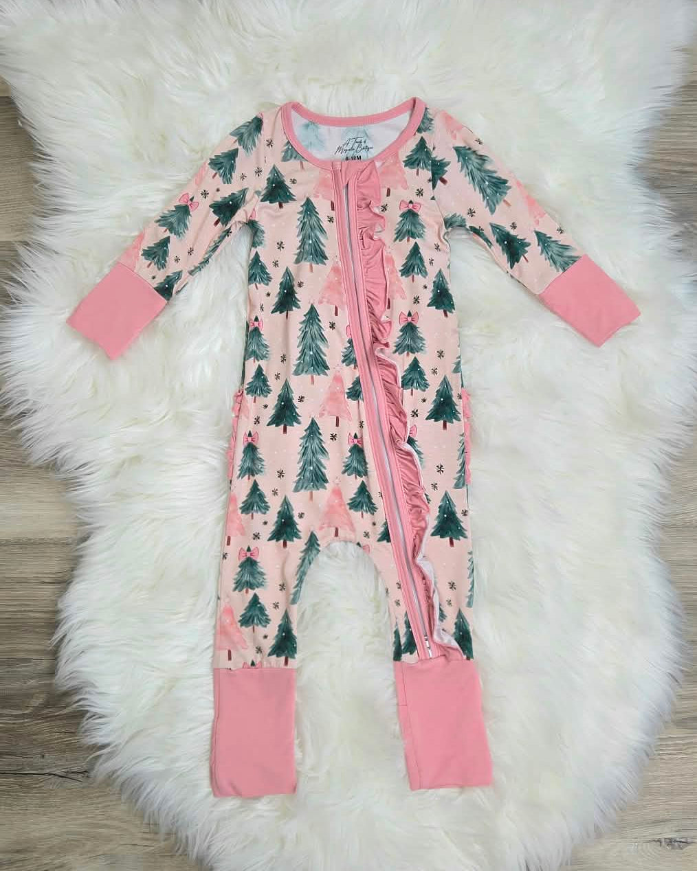 Bamboo Pink Christmas Tree Ruffle Baby Zipper Romper & Sleeper A Touch of Magnolia Boutique