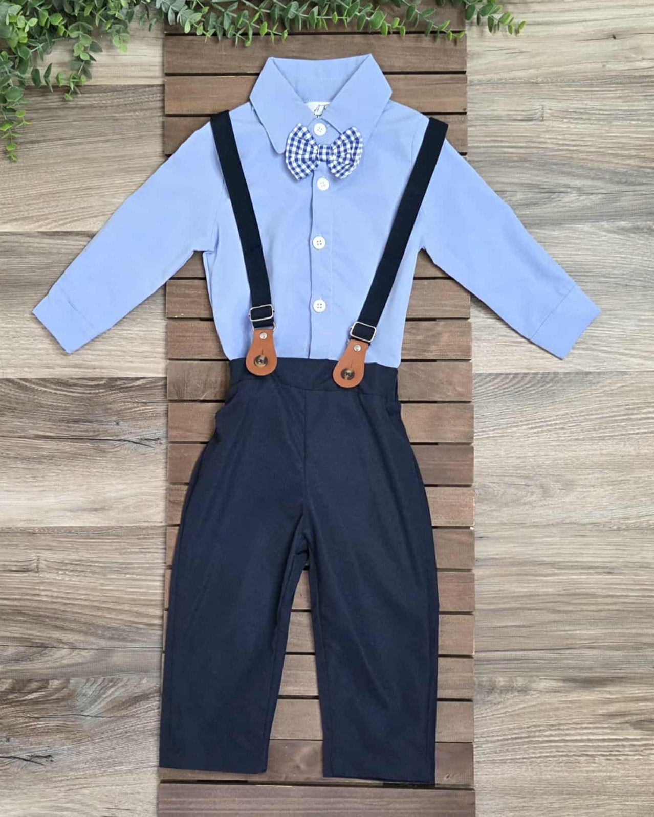 Blue Long Sleeve Bow Tie Shirt and Navy Pants Suspender Set-Baby and Toddler Boys A Touch of Magnolia Boutique