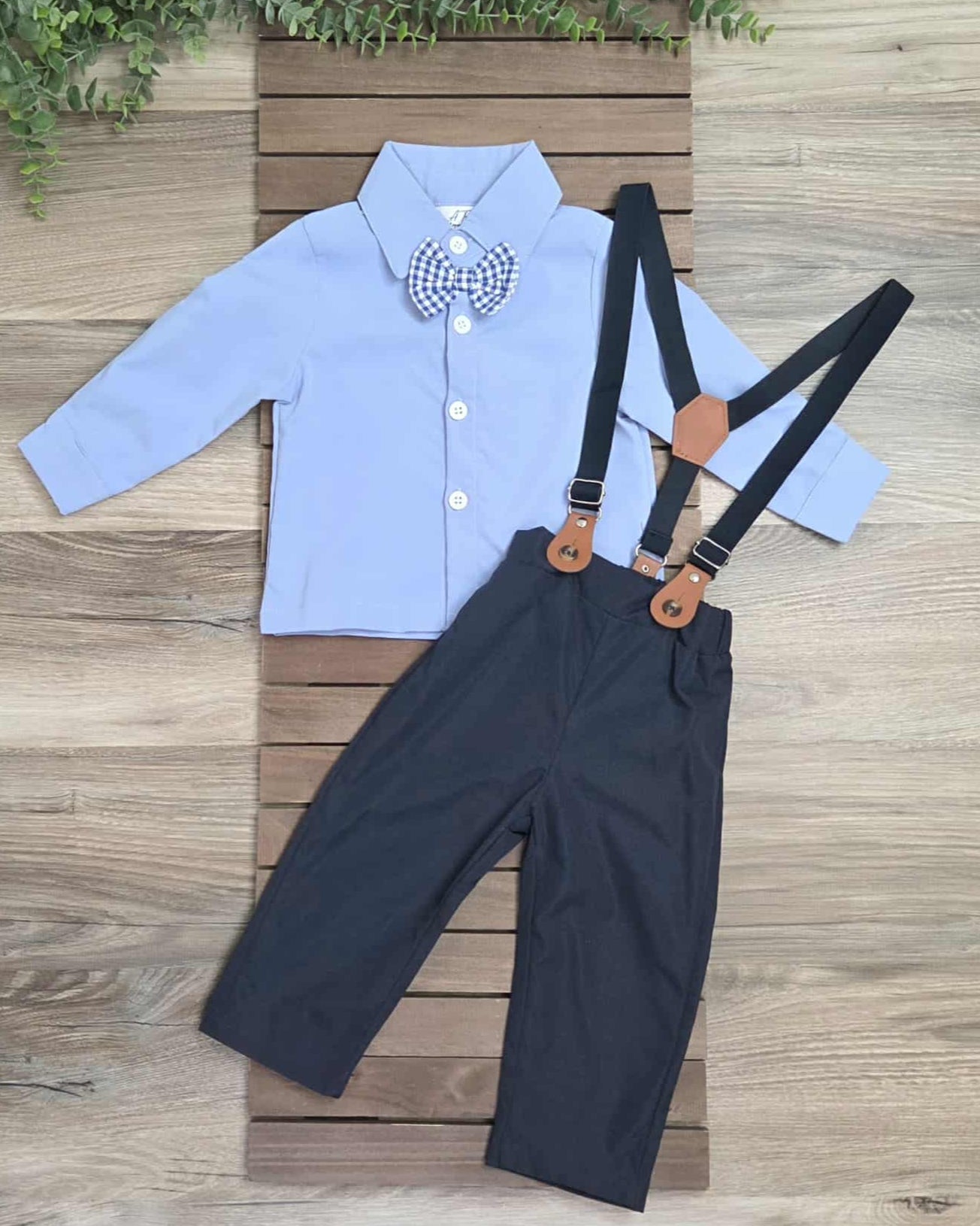 Blue Long Sleeve Bow Tie Shirt and Navy Pants Suspender Set-Baby and Toddler Boys A Touch of Magnolia Boutique