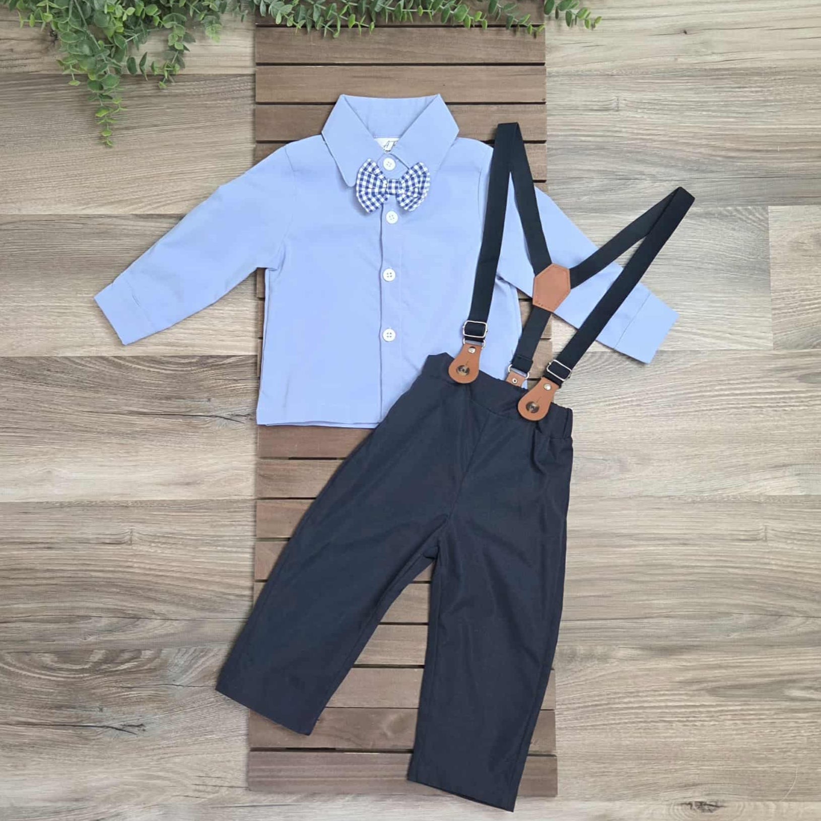 Blue Long Sleeve Bow Tie Shirt and Navy Pants Suspender Set-Baby and Toddler Boys A Touch of Magnolia Boutique