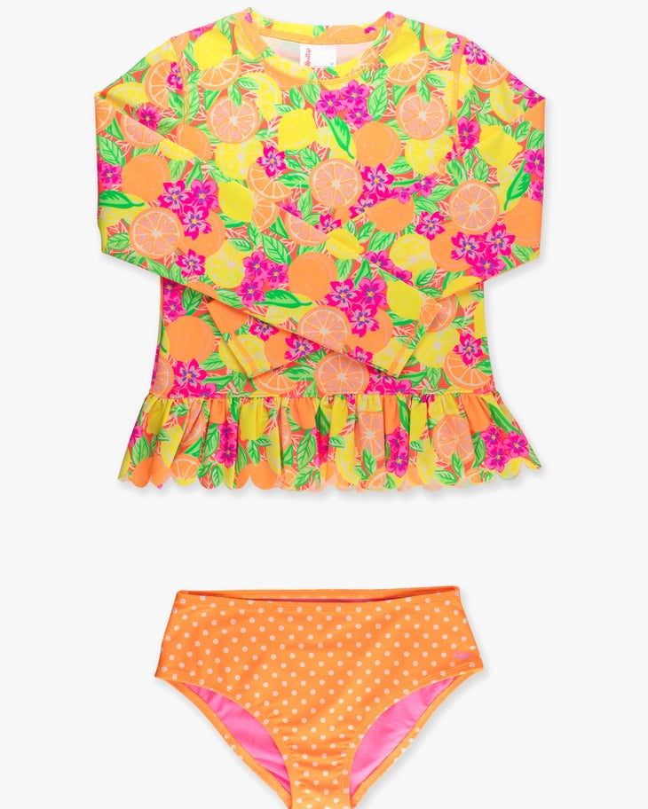 Tween Girls Neon Squeeze the Day Scallop Hem Long Sleeve Rash Guard 2-Piece Swimsuit A Touch of Magnolia Boutique
