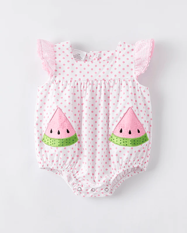 Baby Girl Pink Polka Dot Watermelon Flutter Sleeve Romper A Touch of Magnolia Boutique