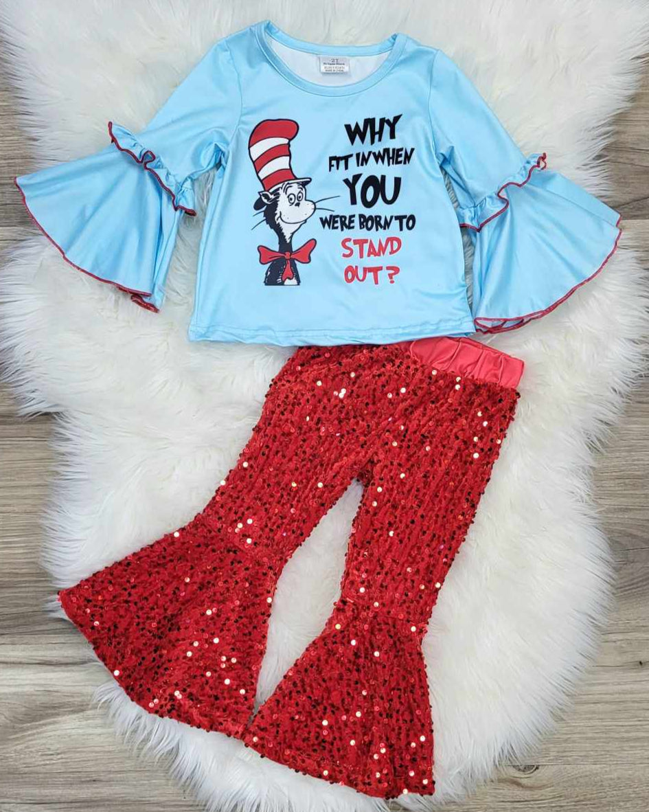 Why Fit In When You Were Born Stand Out Top and Red Velvet Sequin Bell Pants Outfit A Touch of Magnolia Boutique