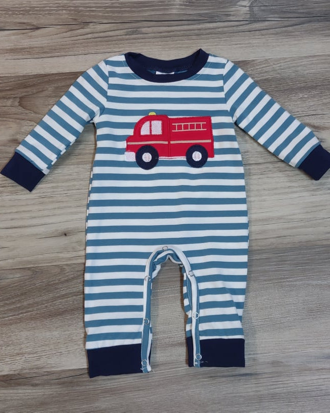 Baby Boy Blue Striped Firetruck Romper  A Touch of Magnolia Boutique   