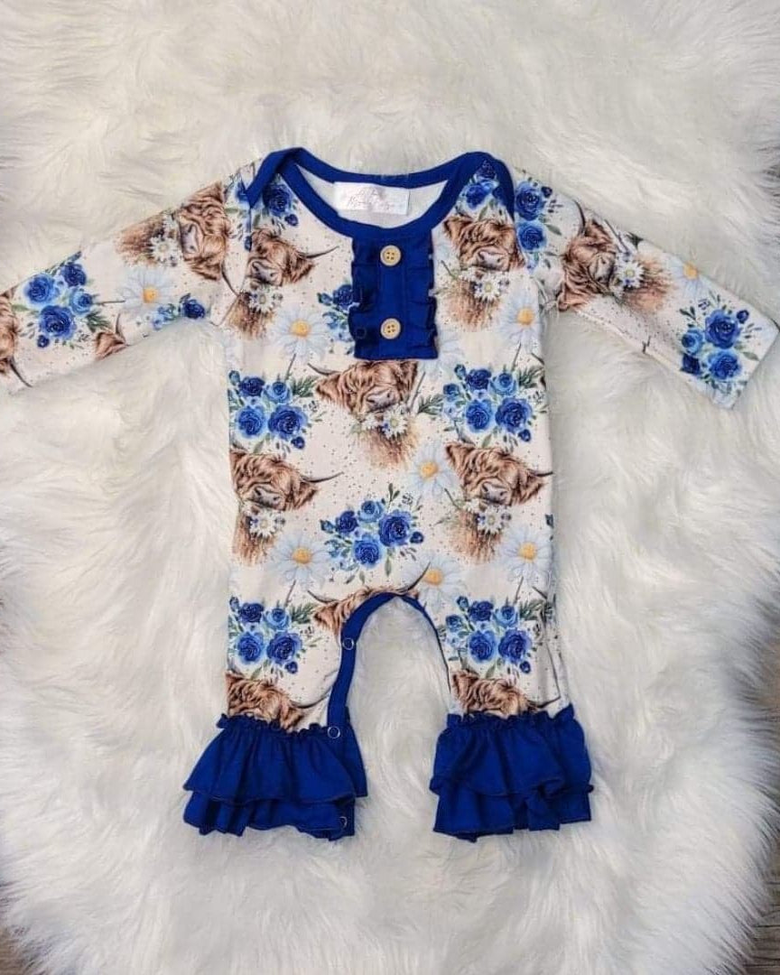 Blue Floral Highland Cow Ruffle Romper  A Touch of Magnolia Boutique   