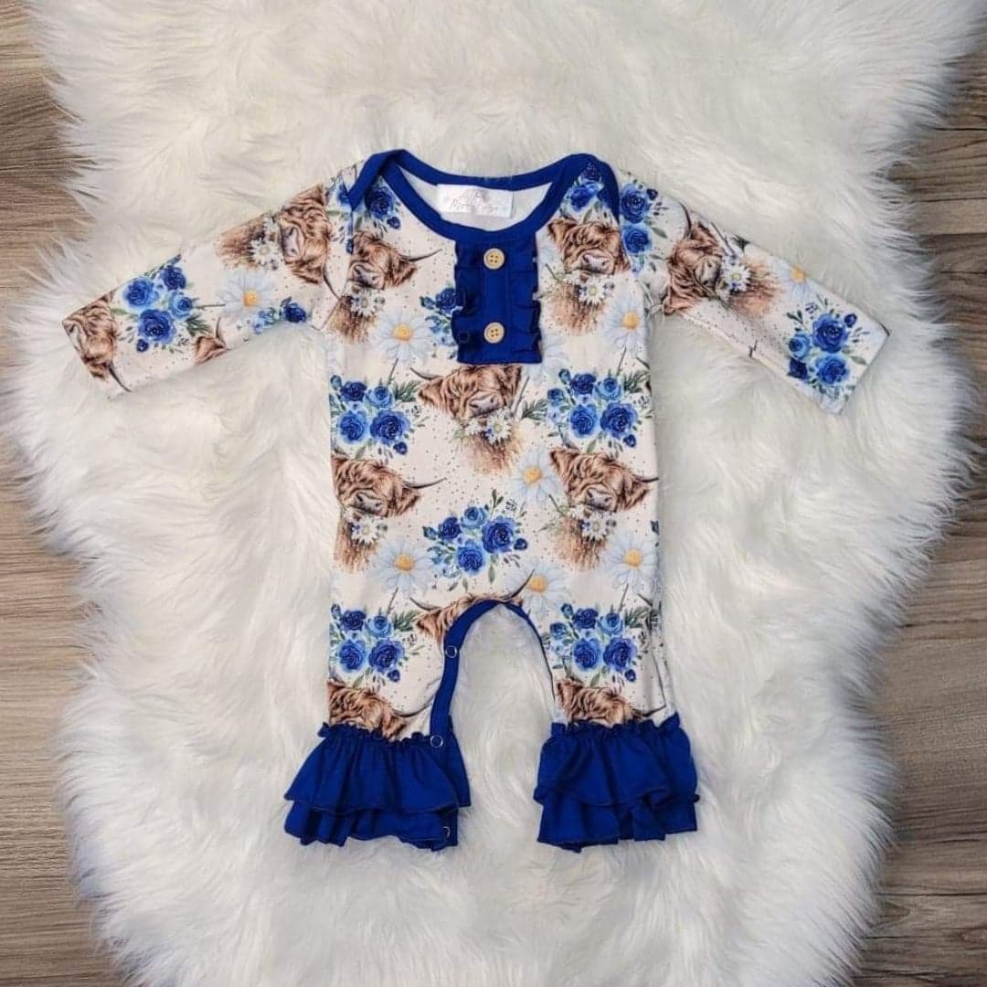 Blue Floral Highland Cow Ruffle Romper  A Touch of Magnolia Boutique   