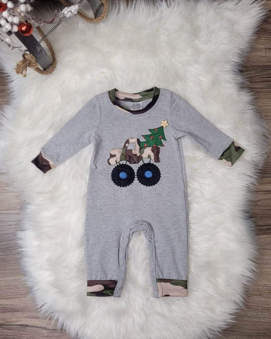 Boys Camo Monster Truck Hooded Romper A Touch of Magnolia Boutique