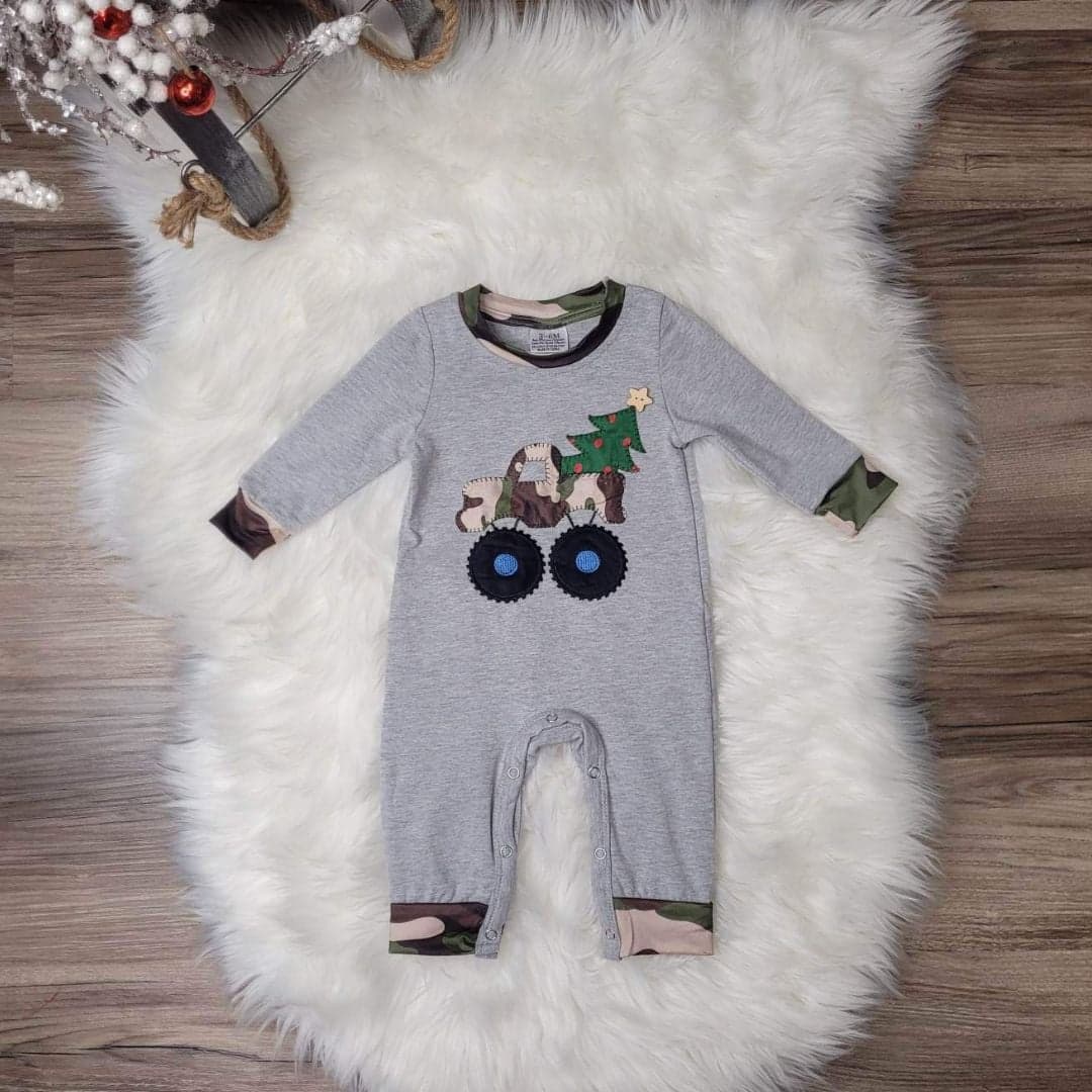 Boys Camo Monster Truck Hooded Romper A Touch of Magnolia Boutique