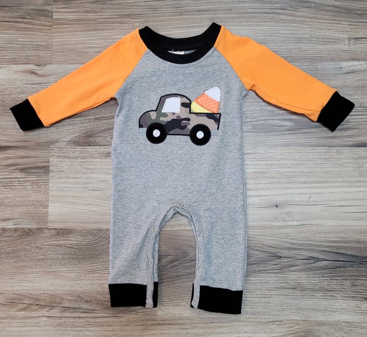 Baby Boy Camo Candy Corn Truck Romper A Touch of Magnolia Boutique