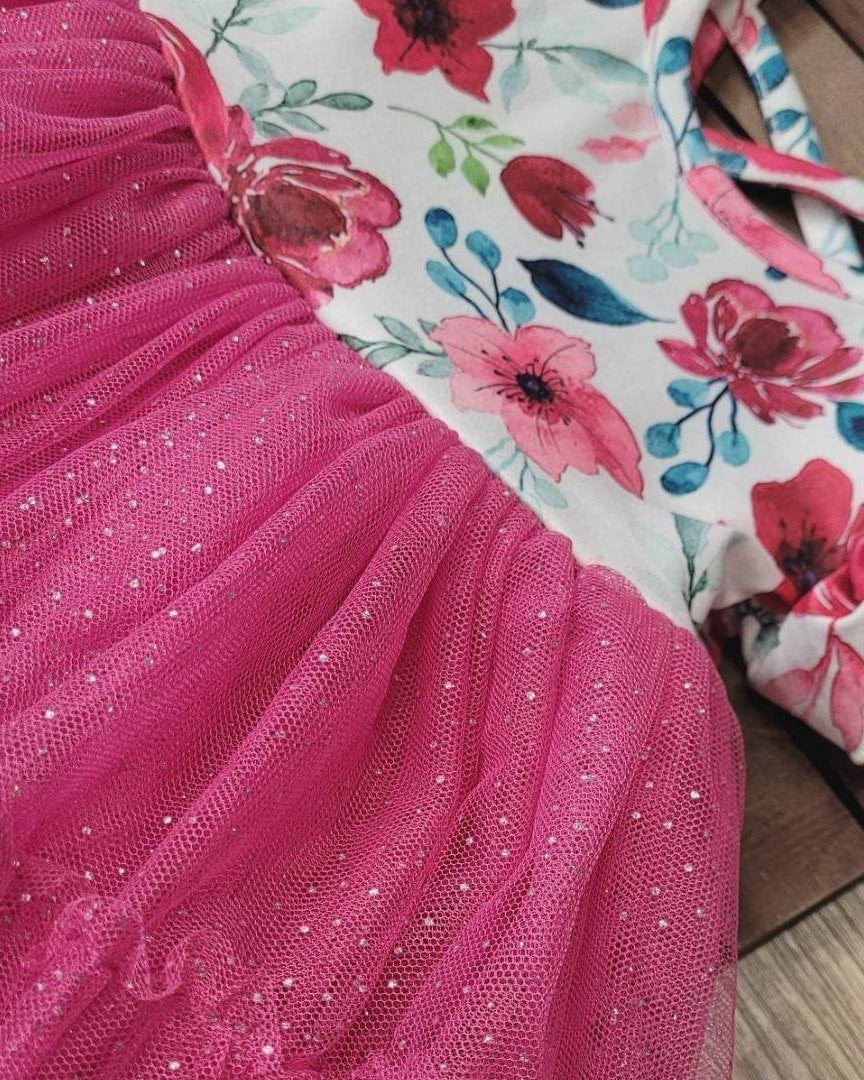Fuchsia Pink Tulle Floral Flutter Sleeve Dress A Touch of Magnolia Boutique