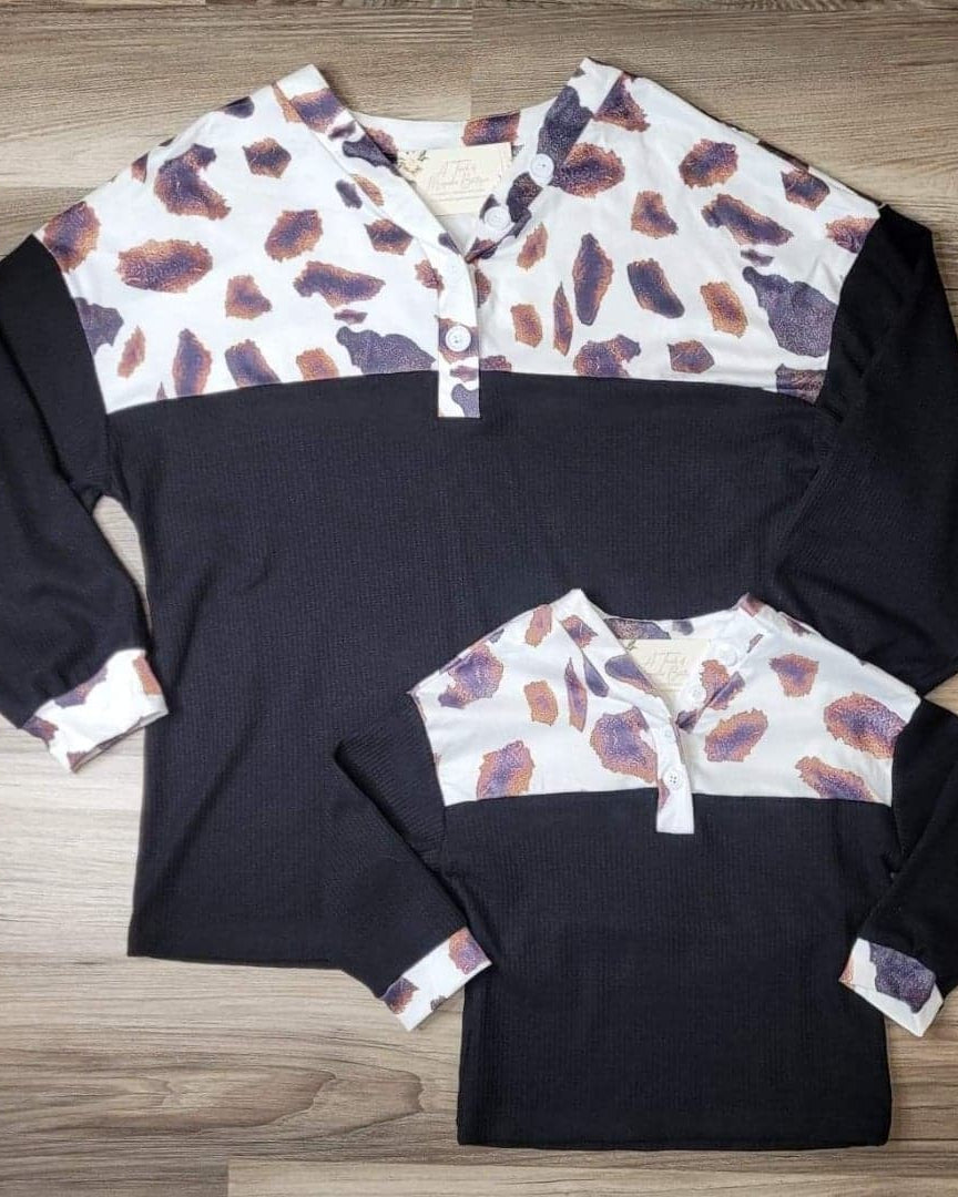 Mom & Me Brown Cow & Black Waffle V-Neck Top-Kids A Touch of Magnolia Boutique