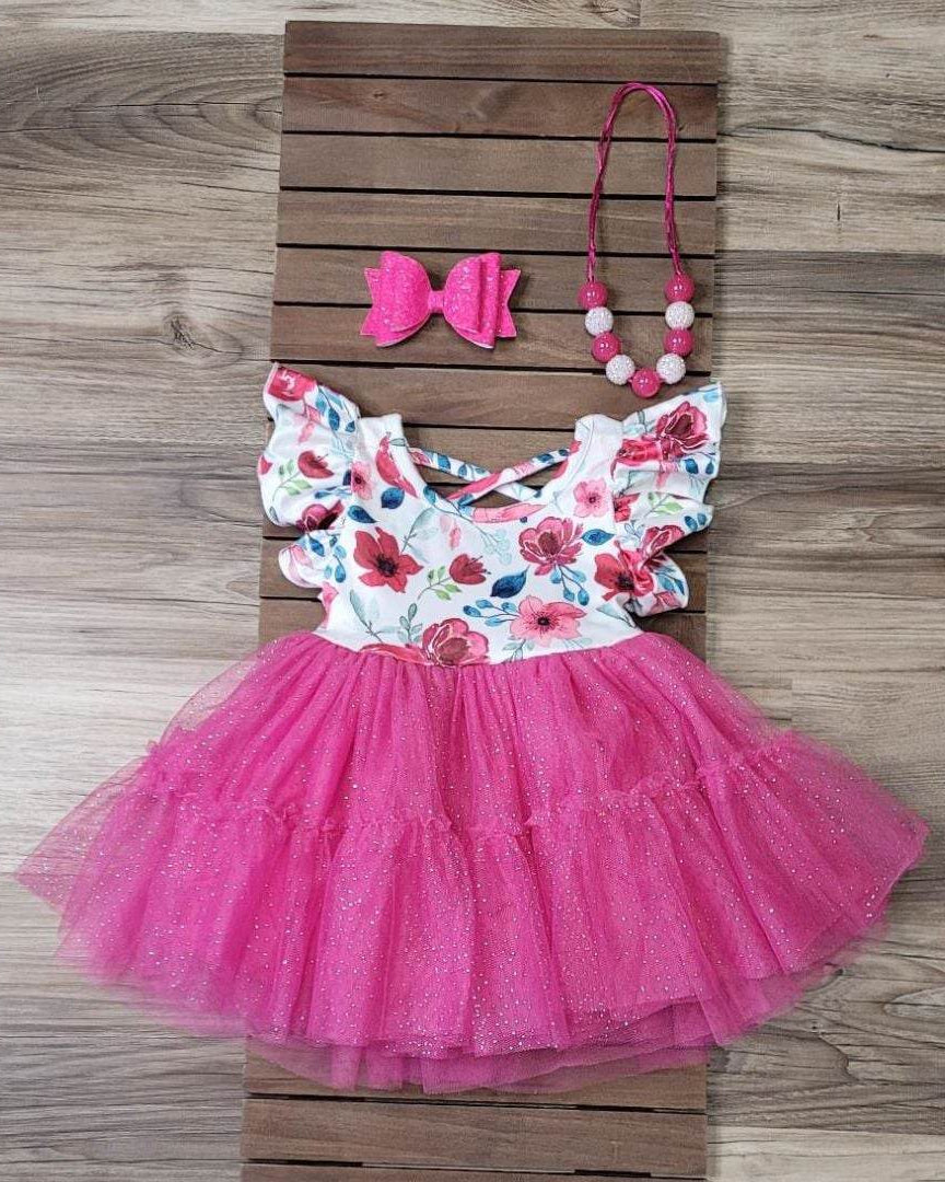 Fuchsia Pink Tulle Floral Flutter Sleeve Dress A Touch of Magnolia Boutique