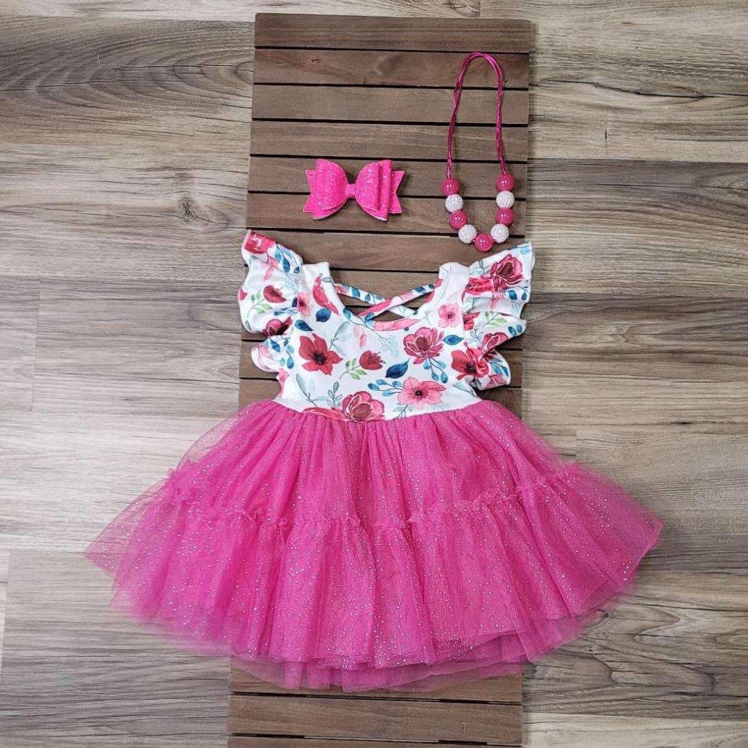 Fuchsia Pink Tulle Floral Flutter Sleeve Dress A Touch of Magnolia Boutique