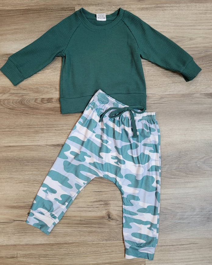 Boys Green Waffle Knit Top with Camo Joggers Set A Touch of Magnolia Boutique