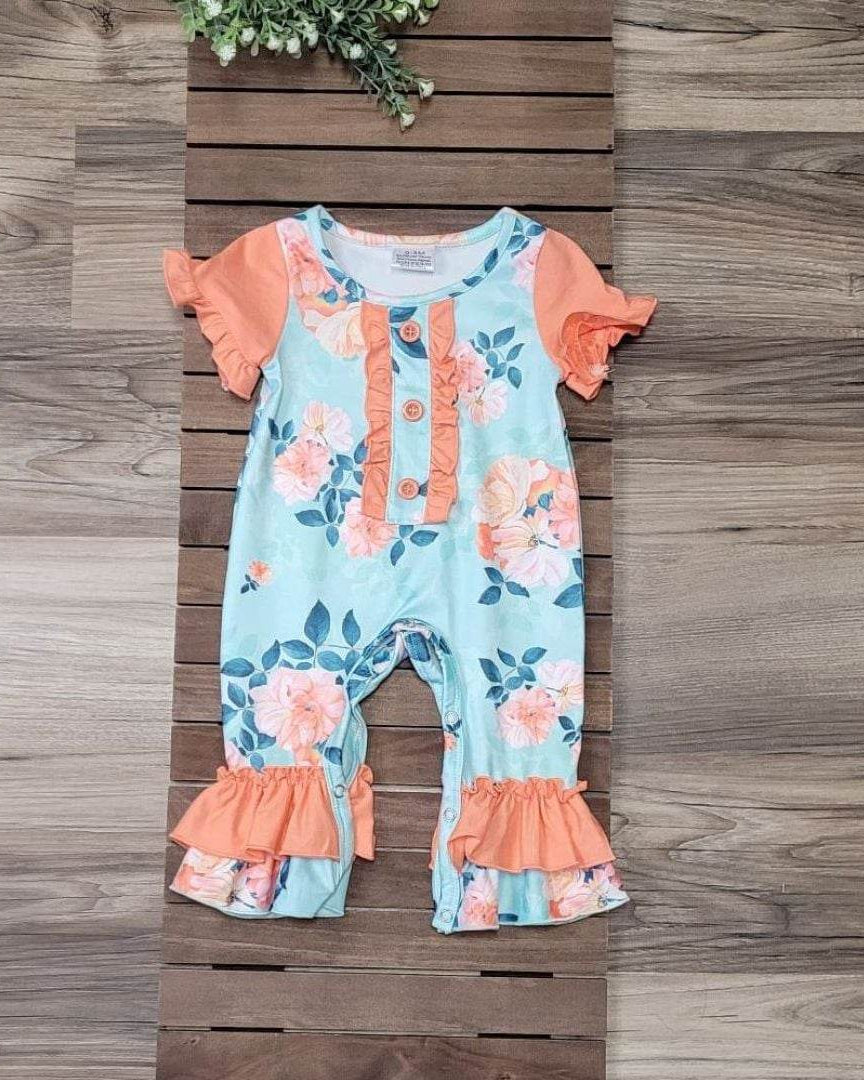 Mint Coral Floral Baby Girl Romper A Touch of Magnolia Boutique