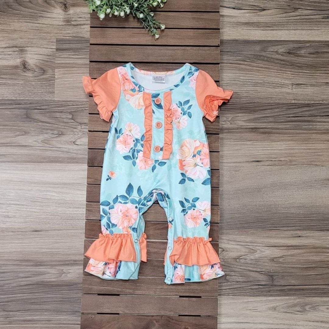 Mint Coral Floral Baby Girl Romper A Touch of Magnolia Boutique