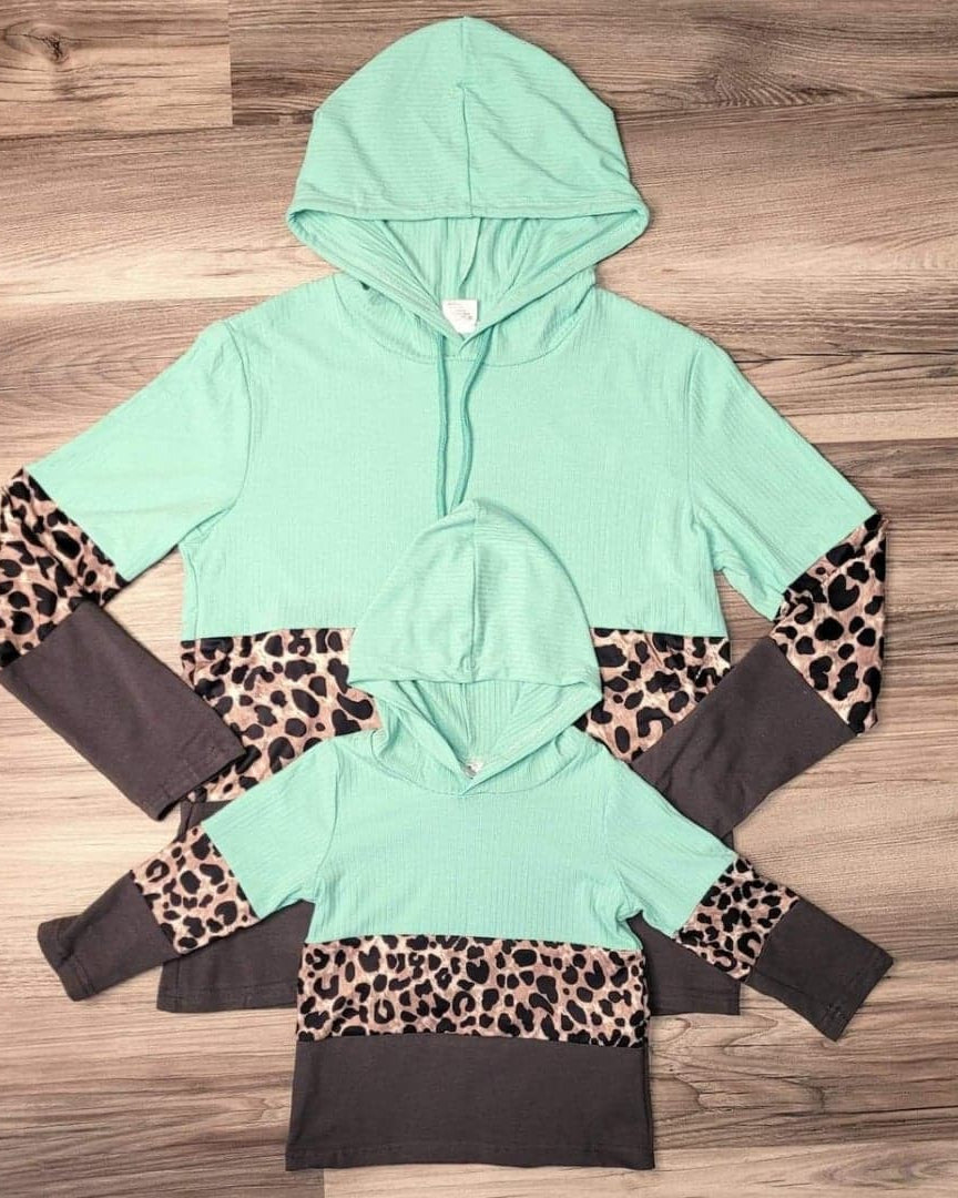 Mom & Me Mint Hooded Ribbed Color Block Leopard Top-Kids A Touch of Magnolia Boutique